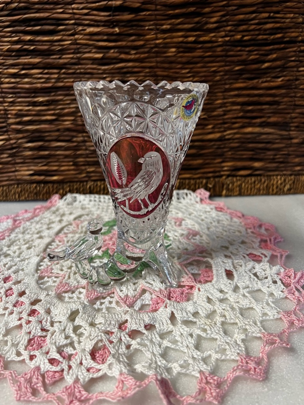 Hofbauer Byrdes Crystal Cornucopia Vase Ruby Red and Clear